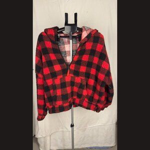 No Boundaries Girl's 3/4 quarter fleece plaid red hoodie‎ size XL